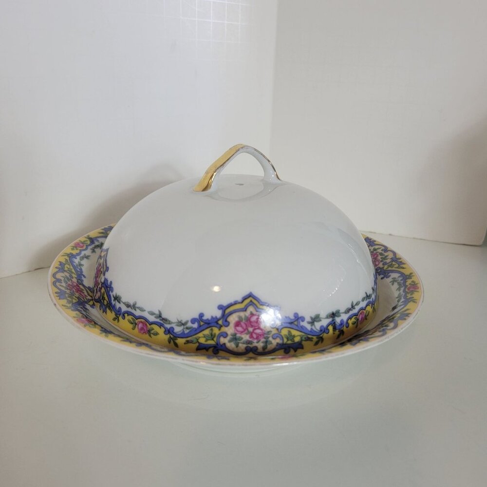 Vintage Victoria Czechoslovakia Multicolor Porcelain China 3 Piece Cheese Dome S